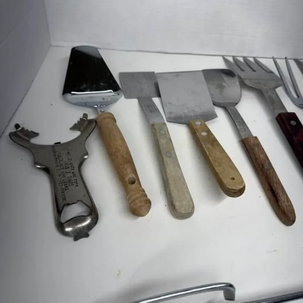 Vintage Wood Handle Kitchen Utensil Lot of 9 Stainless Steel